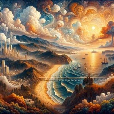 Primary subject: A beautifully painted landscape featuring a bridge over a body of water, a beach, and a city in the background.

Setting/background: The scene is set in a picturesque location with a bridge connecting the city to the beach. The water is calm, and the sky is filled with clouds, creating a serene atmosphere.

Visual style: The image is a digital art piece, showcasing the artist's skill in capturing the beauty of nature and the cityscape.

Colors and